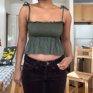 Green shirred tie shoulder peplum tank, S